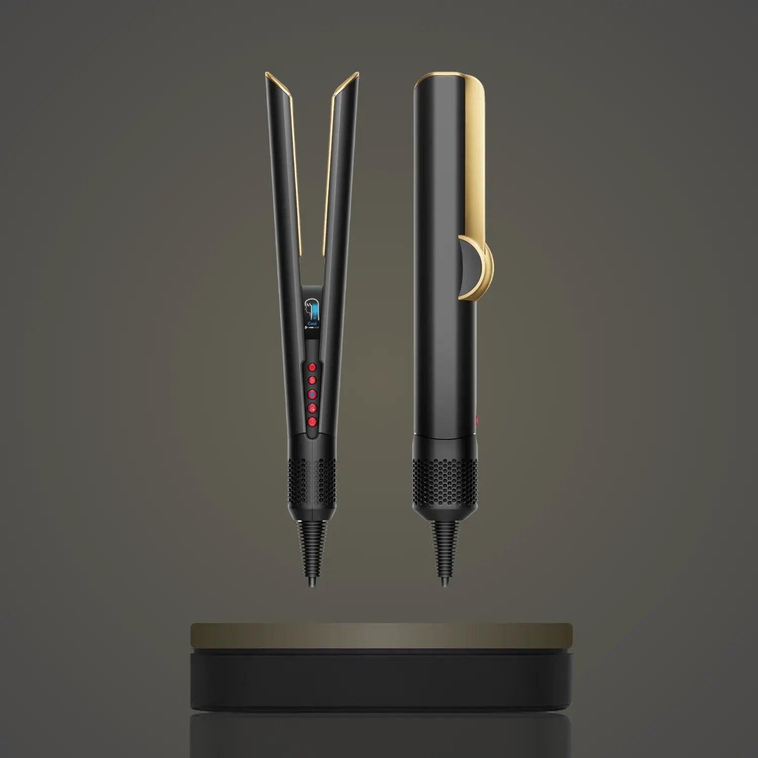 Modern black and gold hair straightener with digital display and red buttons on gray background