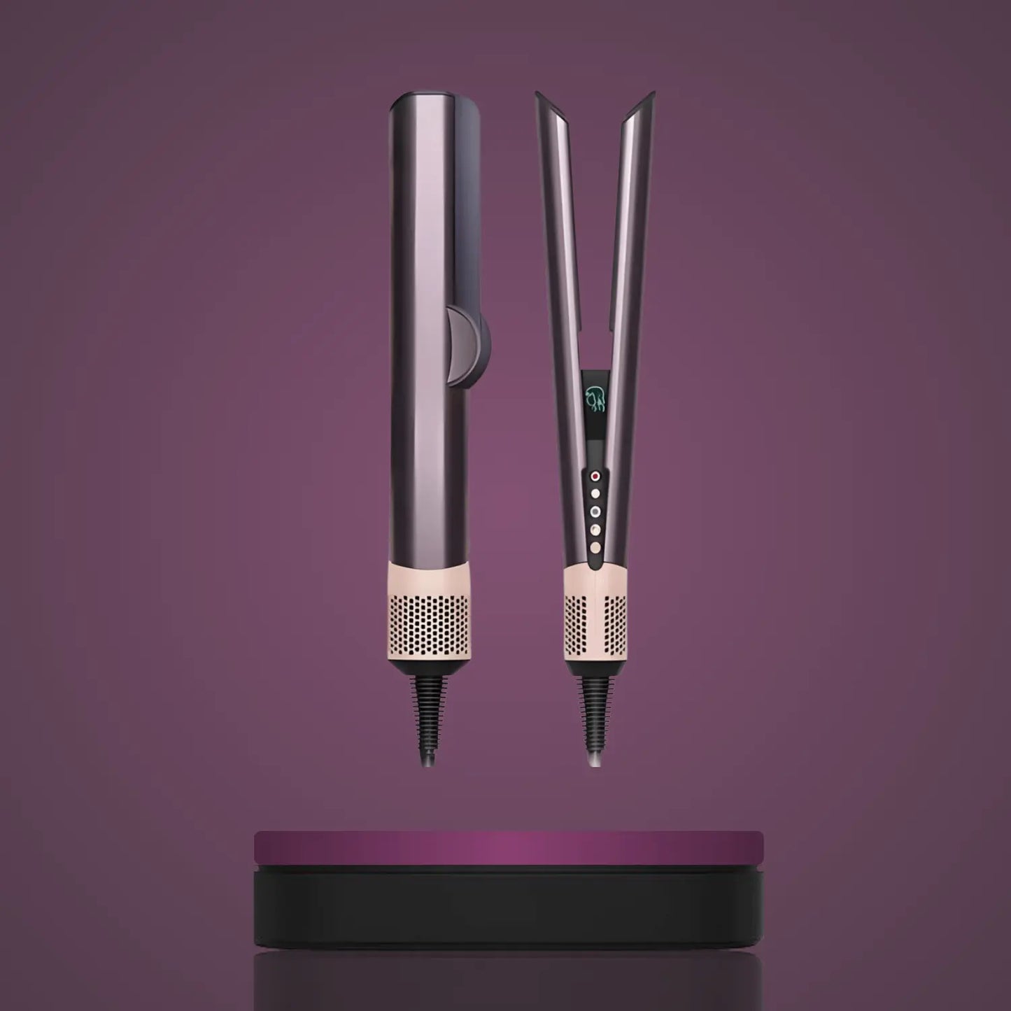 Sleek black and beige hair straightener with digital display and buttons on purple background