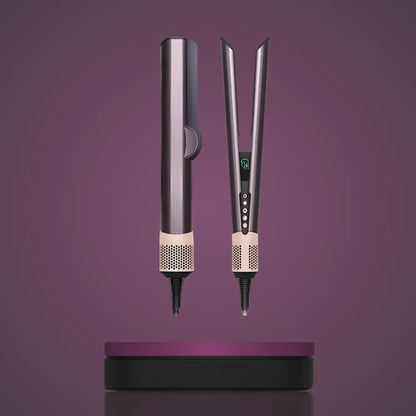 Sleek black and beige hair straightener with digital display and buttons on purple background