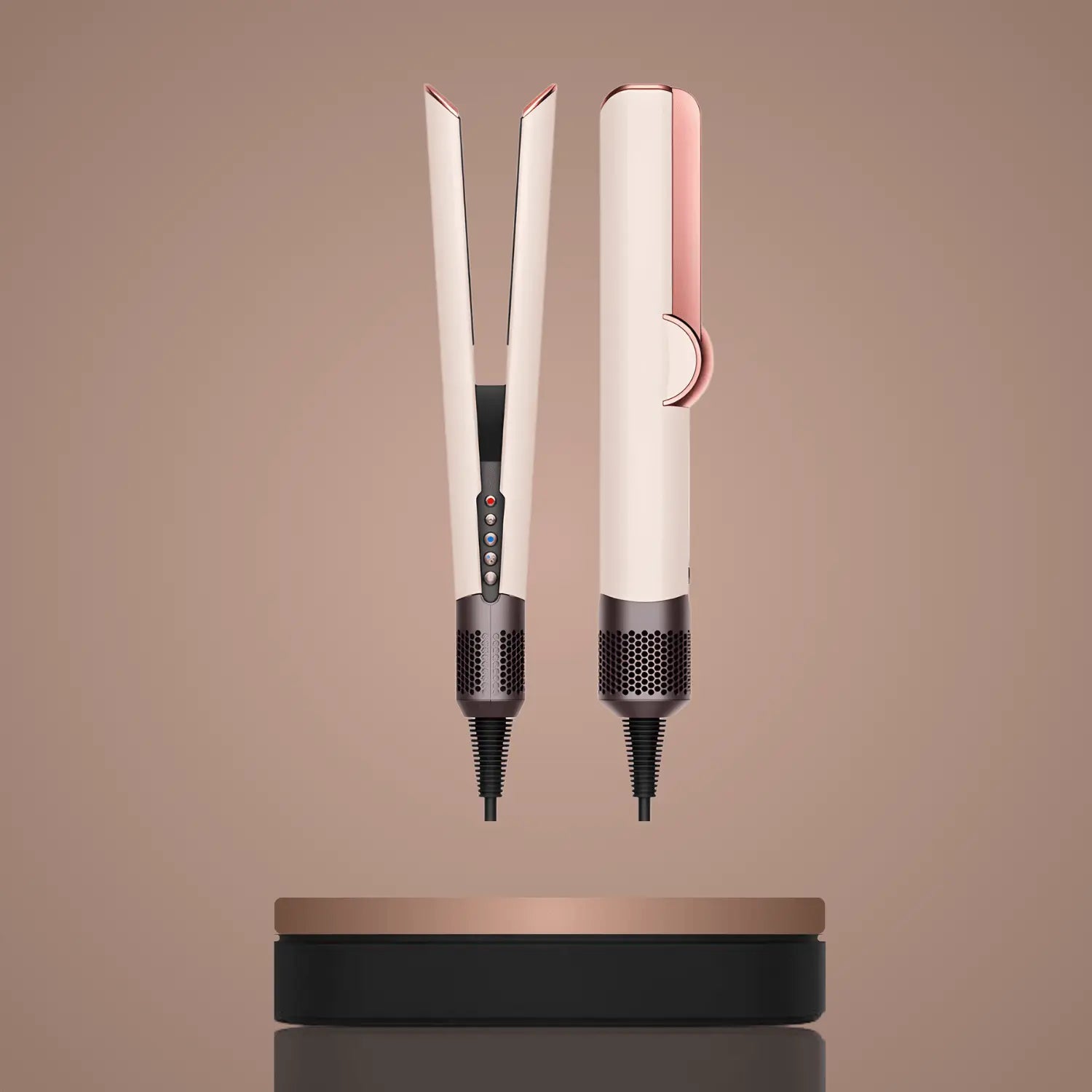 Modern rose gold and beige hair straightener with digital buttons displayed on a minimalist stand