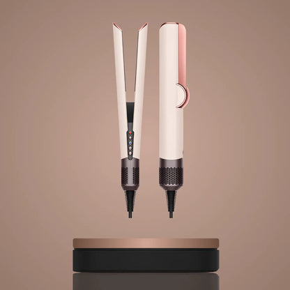 Modern rose gold and beige hair straightener with digital buttons displayed on a minimalist stand