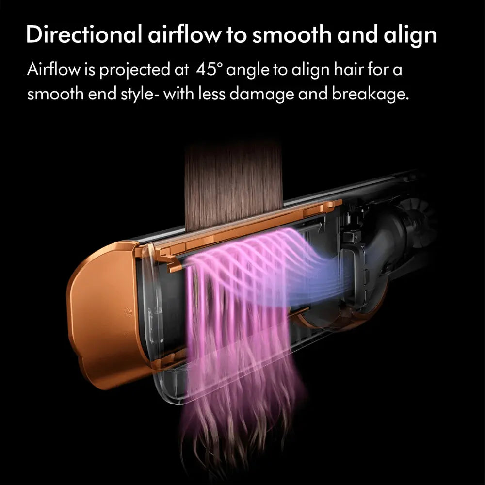 Cross-section of hair straightener showing 45-degree directional airflow to smooth hair and reduce damage
